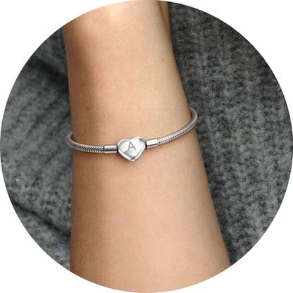 Initial Bracelet Heart Clasp Stainless Steel Snake Chain Alphabet Letter Charm Gift for Women Mom Girlfriend Wife - style: B