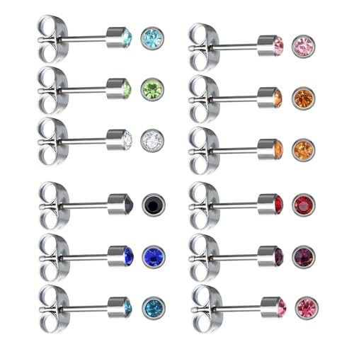 12 Pairs 18K Gold Plated Surgical Stainless Steel Stud Earring Cubic Zirconia CZ Multicolor Birthstone Stud Earrings Set - style: Silver round 4mm