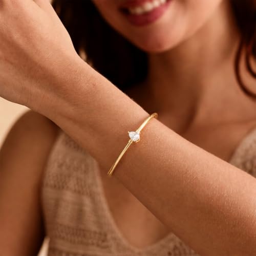 Gold Cuff Bracelets for Women, 14K Gold Plated Dainty Open CZ Cuff Bracelet Adjustable Stackable Open Bangle Bracelet Birthday Jewelry Gift for Her - color: Drop CZ-Gold