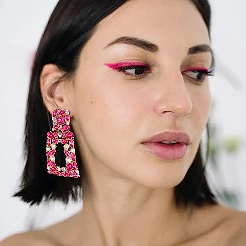 Flyonce Rectangle Clip-on Drop Earrings for Women, Sparkly Rhinestone Crystal Geometric Statement Non Pierced Earring Wedding Prom Party Jewelry for Brides Bridesmaid - color: Hot Pink