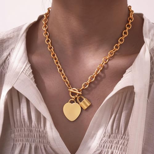 VNOX Personalized Initial Name Stainless Steel Trendy Cable Chain Bracelet Neckalce Set with Padlock Heart Charm and Toggle Clasp Closure - color: Gold Necklace