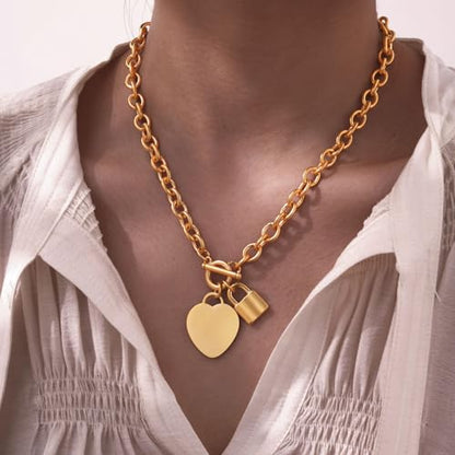 VNOX Personalized Initial Name Stainless Steel Trendy Cable Chain Bracelet Neckalce Set with Padlock Heart Charm and Toggle Clasp Closure - color: Gold Necklace