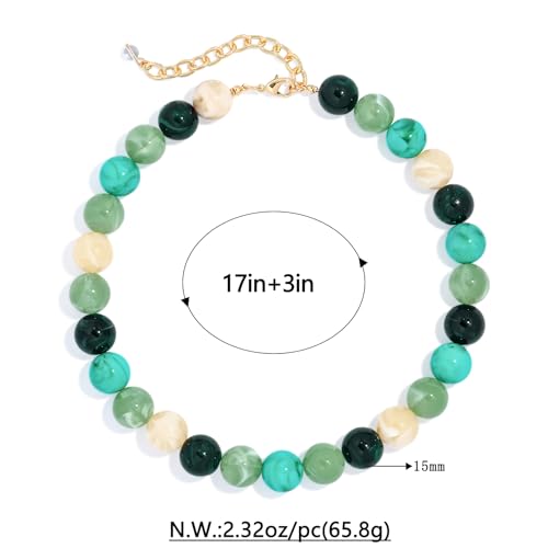 Chunky Beaded Necklace for Women Boho Statement Bead Necklace | Adjustable, Lightweight Choker, Round/Oval/Pebble Beads, Trendy Summer Beach Jewelry - color: Green Ombre