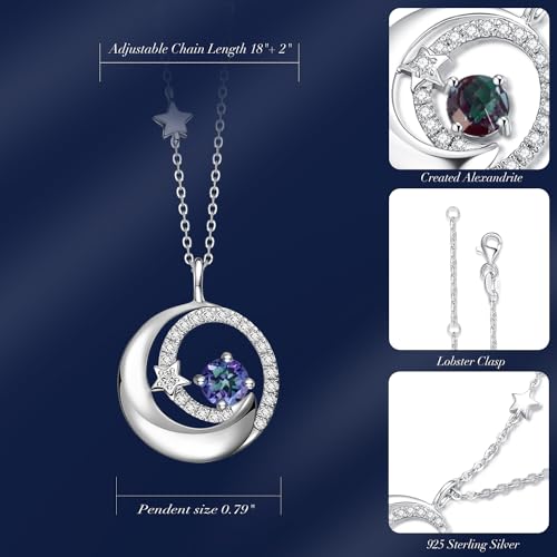 FANCIME Birthstone Necklaces 925 Sterling Silver Moon and Star Pendant Fine Jewelry Birthday Mothers Day Gifts for Mom Wife Her Daughter, Adjustable Chain 16+2" - color: Jun.- Alexandrite