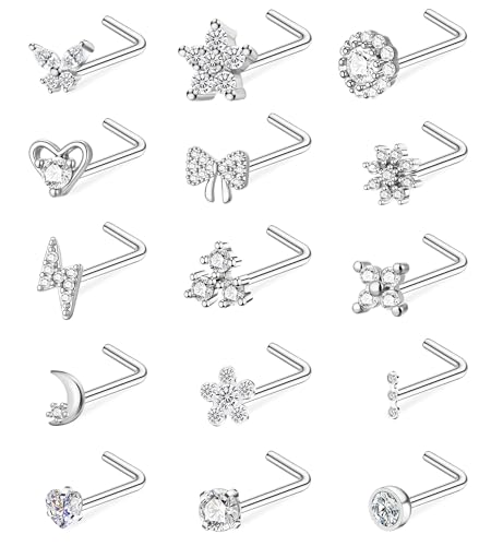 Gold L Shaped Corkscrew Nose Rings for Women 20G Nose Piercings Heart Butterfly Flower Bow Moon Nose Studs Stainless Steel Nose Piercing Jewelry - color: Silver Tone L Shaped