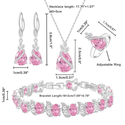 LMXXVJ Jewelry Set for Women,Teardrop Cubic Zirconia Necklace Earrings Adjustable Ring Bracelet Jewelry Set Formal Jewelry Gift - color: SYSD-White Gold-Pink