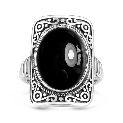 Big Oval Stone Ring,Rectangle Square Vintage Retro Sterling Silver Natural Crystal Quartz Gemstone Boho Bohemian Statement Ring Jewelry for Women Her - color: A01_Black Agate
