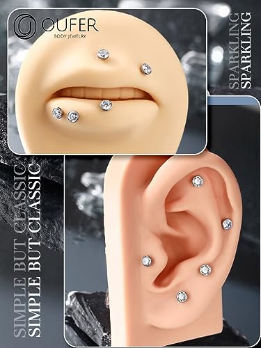 OUFER 2Pcs 20G/18G/16G G23 Titanium Threadless Nose Stud Earrings Flat Back Tiny CZ Small Nose Helix Cartilage Tragus Conch Labret Medusa Monroe Piercing Jewelry for Women Men - color: Silver, size: 2pcs, 16g 5mm, 4mm cz