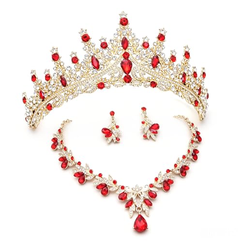 Women Tiaras and Crowns Bridal Jewelry Set with Rhinestones, Gold Plated Floral Necklace Tiara and Earrings, Wedding Birthday Party Accessories - color: Gold Red