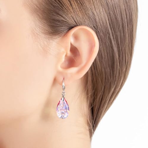 Austrian Crystal Teardrop Dangle Hook Earrings for Women 14K Gold Plated Hypoallergenic Jewelry - color: Pink
