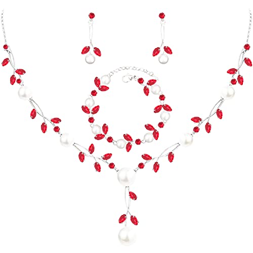 Luxury Cubic Zirconia Aurtrian Crystal Pearl Floral Necklace Dangle Earrings Wedding Bridal Jewelry Set Birthday Gifts for Her - color: Style02-Siam-Silver Plated