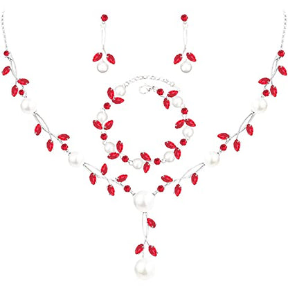 Luxury Cubic Zirconia Aurtrian Crystal Pearl Floral Necklace Dangle Earrings Wedding Bridal Jewelry Set Birthday Gifts for Her - color: Style02-Siam-Silver Plated