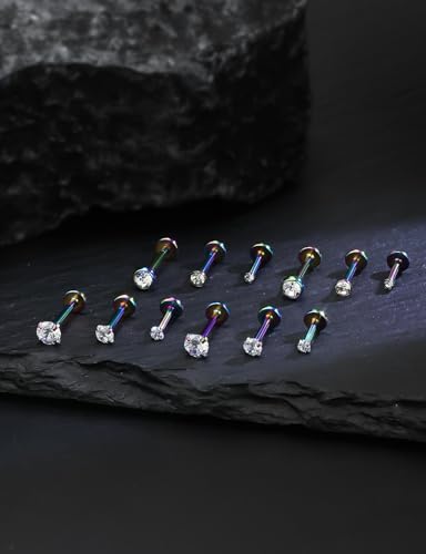 16G Internal Thread Flat Back Earrings Nose Studs 316L Surgical Steel Medusa Labret Monroe Lip Ring Tragus Forward Helix Conch Cartilage Lobe Earrings Stud Piercing Jewelry For Women Men - color: Rainbow-Clear CZ