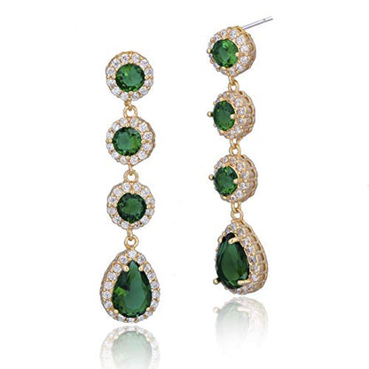 Women's Cubic Zirconia Bridal Earrings - Elegant Long Wedding Party Prom Earring for Bride Bridesmaids Crystal CZ Rhinestone Chandelier Statement Dangle Drop Earrings for girls - color: Green-gold