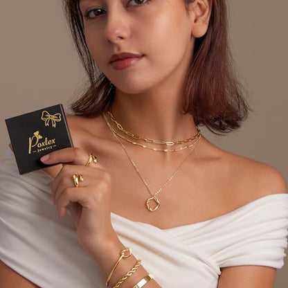 Poxtex Layered Gold Necklaces for Women, Stackable Dainty 14K Gold Silver Plated Trendy Simple Heart Diamond Cross Bow Circle Pendant Paperclip Choker Dot Chain Necklace,Jewelry Set Gifts for Women - color: Gold, style: Circle1