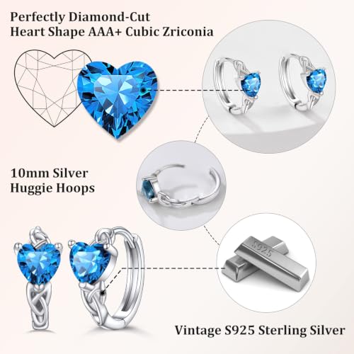 Bestyle 925 Sterling Silver Huggie Hoop Earrings Small Birthstone Hoop Earrings for Women Hypoallergenic Silver Huggie Earring,Great Birthday Earrings Gift for Daughter Wife Mom - color: 12-Blue Topaz-Hoop