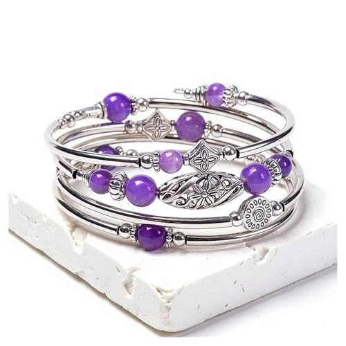 Boho Wrap Beaded Bracelet for Women – Handmade Natural Stone Jewelry – Stainless Steel Adjustable Ethnic Chic Gift - color: Amethyst