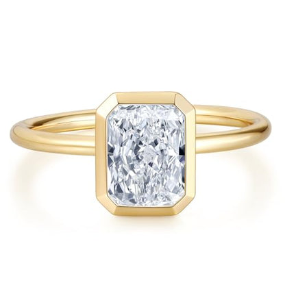 Radiant Cut Moissanite Engagement Ring for Women, Bezel Set Solitaire Ring | D Color VVS1 925 Sterling Silver 14K Gold Plated Wedding Ring, Available in 2CT 3CT 5CT, Diamond Alternative Promise Jewelry - style: 01 - Yellow Gold - 2CT Radiant Moissanite