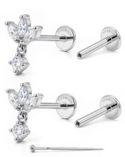 YACHY ASTM F136 G23 Titanium Flat Back Stud Earrings, Internally Threaded Screw-On Hypoallergenic Body Piercing Jewelry for Everyday Wear, Tragus Helix Conch Monroe Medusa Lip, 18G 6mm 8mm - color: Crystal Blossom--2pcs+2bar--Silver, size: 6mm+8mm