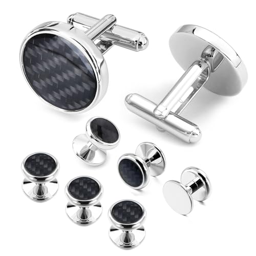 HAWSON Cufflinks and Studs for Men-Fashion Men Vintage Enamel Carbon Fiber Tuxedo Shirt Cufflinks and Studs Set for Regular Wedding Business Accessories - color: black cufflinks and stud set