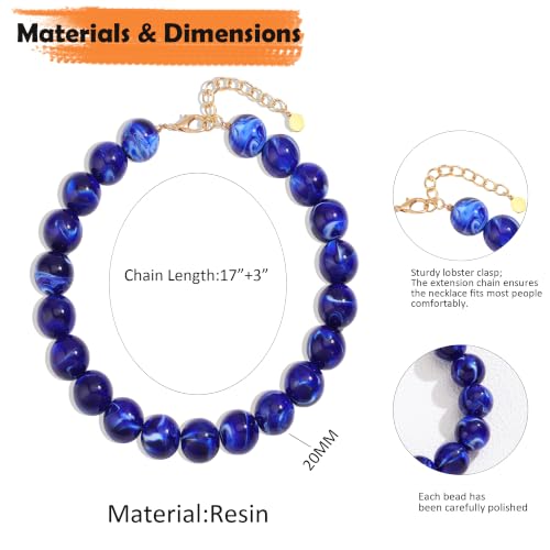 Chunky Necklaces for Women Trendy 20MM Large Resin Beaded Necklace Bold Statement Chunky Choker Necklace Boho Beads Summer Beach Jewelry - color: Royal blue
