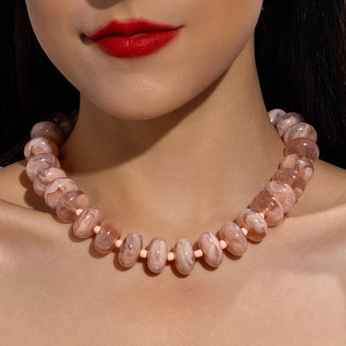 Beaded Necklace for Women Statement Chunky Necklace Boho Bead Choker Acrylic Big Bead Necklaces Summer Beach Jewelry for Women - color: Khaki