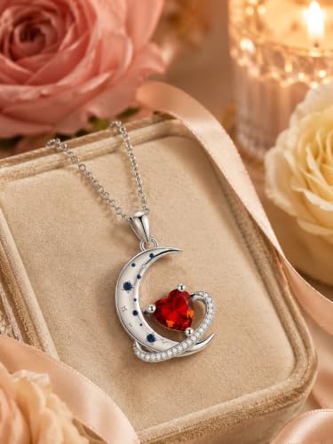 Birthstone Necklace for Women White Gold Moon and Star Pendant Moon Jewelry Anniversary Birthday Gifts for Mom Wife Her - color: 07. July - Ruby