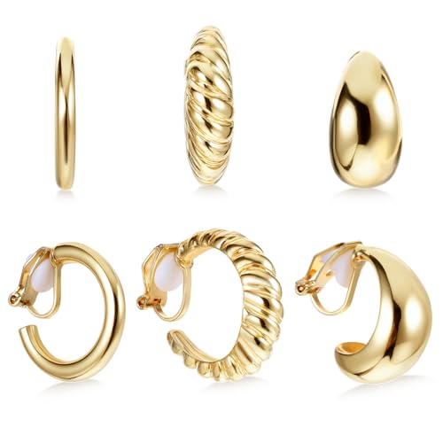 3Pairs Clip On Earrings for Women Clip Earrings Clip On Gold Hoop Earring | 16K Gold Plated, Chunky Tube, Croissant, Waterdrop, Non Pierced, Fake Jewelry Set