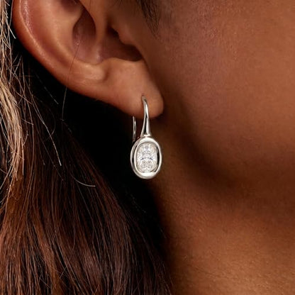 14K Gold & Silver Plated Trendy Bezel Set Cubic Zirconia Drop Earrings Minimalist Teardrop Hook Earrings for Women Diamond Crystal Charm Statement Teardrop Earrings Jewelry Gifts - color: Silver-Elliptical zircon