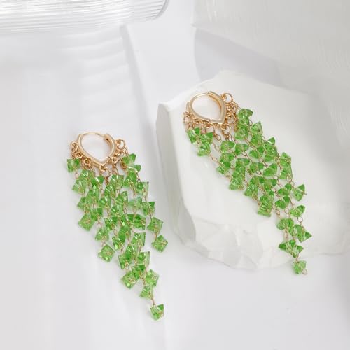 Fringe Hoop Dangle Earrings, Long Beads Tassel Chain Earrings for Women Sparkly Chandelier Earrings - color: Green