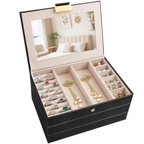 Stackable Jewelry Organizer Trays, 3-Layer jewelry drawer organizer, Perfect for Women and Girls to Store Necklaces, Rings, Bracelets, Earrings, Watches with Removable Dividers for Dresser & Vanity