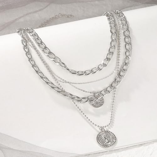 GIGB PBDK Chunky Layered Coin Pendant Necklaces for Women Gold Cuban Link Chain Statement Necklaces Punk Halloween Bachelor Party Holiday Vacation Accessory - color: Silver