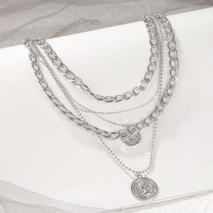 GIGB PBDK Chunky Layered Coin Pendant Necklaces for Women Gold Cuban Link Chain Statement Necklaces Punk Halloween Bachelor Party Holiday Vacation Accessory - color: Silver