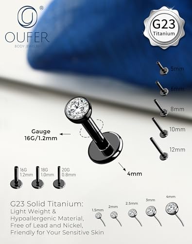 OUFER 2Pcs 20G/18G/16G G23 Titanium Threadless Nose Stud Earrings Flat Back Tiny CZ Small Nose Helix Cartilage Tragus Conch Labret Medusa Monroe Piercing Jewelry for Women Men - color: Black, size: 2pcs, 16g 5mm, 3mm cz