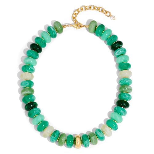 Beaded necklace for Women Boho Bead Gemstone Chunky Necklace Big Bead Necklace Fashion Trendy Summer Necklaces Jewelry Gifts - color: Gradient Green&GD Beaded