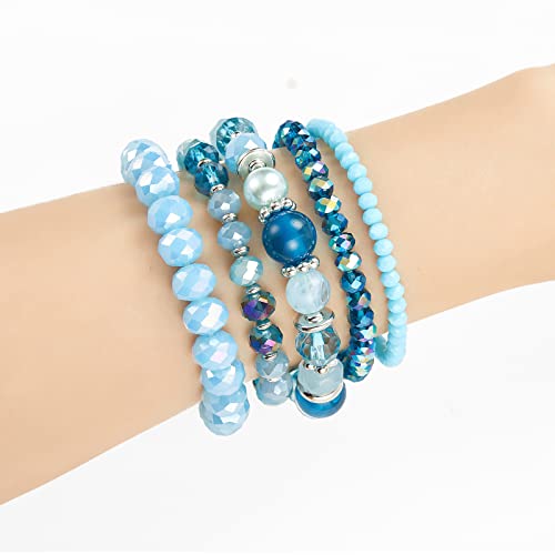 Noessla Beaded Boho Stretch Bracelet Colorful Stackable Crystal Beads Bracelets Trendy Costume Jewelry Mothers Day Gifts for Women - color: 21-Lake blue