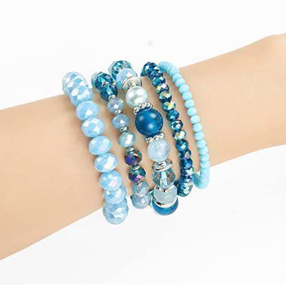 Noessla Beaded Boho Stretch Bracelet Colorful Stackable Crystal Beads Bracelets Trendy Costume Jewelry Mothers Day Gifts for Women - color: 21-Lake blue