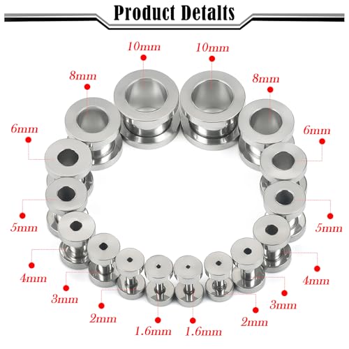 14G-00G Double Flare Screw On Gauges Tunnels Plugs Stretching Set Kit 316L Surgical Steel Gauges Tunnel Plug for Ears Size 16G 12G 10G 8G 6G 4G 2G 0G 00G Women Men - color: Silver Tone-14G-00G