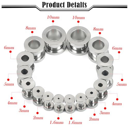 14G-00G Double Flare Screw On Gauges Tunnels Plugs Stretching Set Kit 316L Surgical Steel Gauges Tunnel Plug for Ears Size 16G 12G 10G 8G 6G 4G 2G 0G 00G Women Men - color: Silver Tone-14G-00G