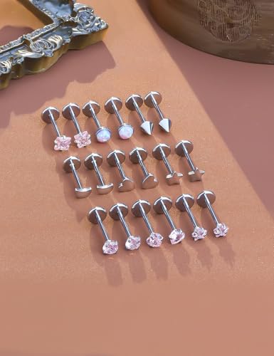 Threadless Noses Rings, Flat Back Earrings, 20/18/16g-Gauge 5/16in-Post 3mm-Top, Hypoallergenic Surgical Steel Medusa Lip Labret Cartilage Helix Tragus Conch Piercing Jewelry for Women Men - color: Pink, size: 20g*8mm