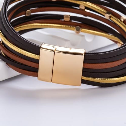 Stackable Beaded Leather Wrap Bracelet Boho Western Country Beach Jewelry | Layered Bead Stack Multi Strand Magnetic Clasp Cuff Bangle Bohemian Hippie Cowgirl Fashion Summer Vacation Outfits for Women - color: Brown