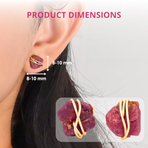Gempires Wire Wrapped Raw Gemstone Stud Earrings for Women, Birthstone | Handmade wire-wrapped raw gemstone stud earrings — choose from stones and birthstones, artisan raw crystals on gold. - style: Ruby