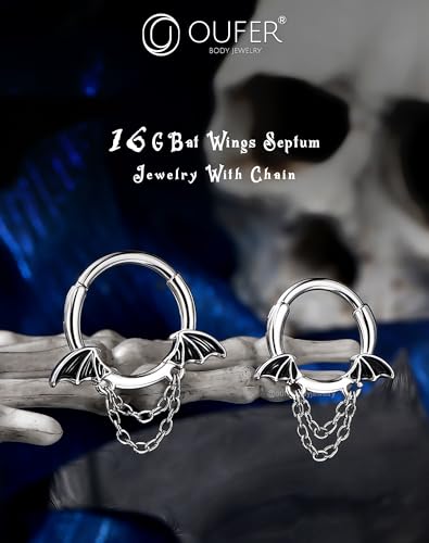 OUFER 16G Halloween Septum Ring Bat Wing Chain Piercing Jewelry | Gothic Stainless Steel Nose Hoop for Women Men | 8MM 10MM Segment Ring for Vampire Cosplay