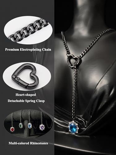 Women's Heart O-Ring Slip Chain Necklace, Double Layered Adjustable 39'' Cuban Chain with Detachable Heart Clasp and Colorful Rhinestone Pendant - color: 25'' Black-Ocean Blue