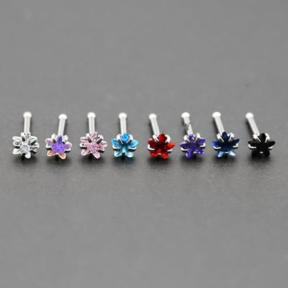 6-Piece Nose Piercing Studs Set, 20G Stainless Steel Nose Studs, 3mm Crystal Heart Star Round Shapes, 0.8x7mm Bone - color: Lake Blue