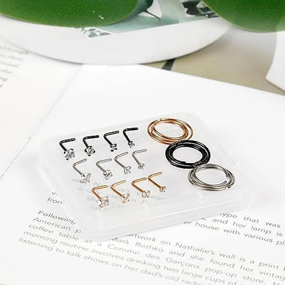 ONESING 9-40 Pcs Nose Rings - Hoops, Studs & L Shape - Hypoallergenic Stainless Steel Nose Piercings for Women & Men - color: mixcolor