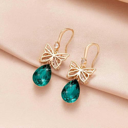 Austrian Crystal Teardrop Butterfly Drop Dangle Earrings for Women 14K Rose Gold Plated Hypoallergenic Jewelry - color: Emerald
