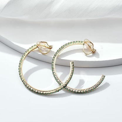 YOQUCOL 4.3CM(1.7in) Clip On Hoop Earrings Cubic Zirconia Non Pierced Ears Hoops for Women - color: Gold-Green
