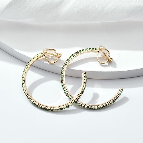 YOQUCOL 4.3CM(1.7in) Clip On Hoop Earrings Cubic Zirconia Non Pierced Ears Hoops for Women - color: Gold-Green