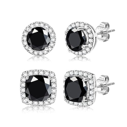 18K Gold Plated Halo Stud Earrings 925 Sterling Silver Cubic Zirconia Stud Earrings Round Square Diamonique Stud Earrings Set for Women Men - color: Silver&Black